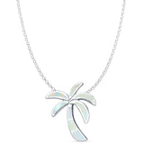 Lab Created White Opal Palm Tree Pendant Rolo Chain Necklace 925 Sterling Silver