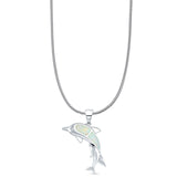 Lab Created White Opal Mother & Baby Dolphin Pendant Snake Chain Necklace 925 Sterling Silver