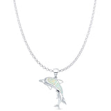 Lab Created White Opal Mother & Baby Dolphin Pendant Rolo Chain Necklace 925 Sterling Silver