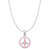 Lab Created Pink Opal Peace Sign Pendant Bead Chain Necklace 925 Sterling Silver