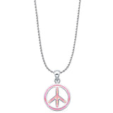 Lab Created Pink Opal Peace Sign Pendant Rope Chain Necklace 925 Sterling Silver