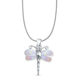 Lab Created Pink Opal Dragonfly Pendant Snake Chain Necklace 925 Sterling Silver