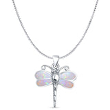 Lab Created Pink Opal Dragonfly Pendant Box Chain Necklace 925 Sterling Silver