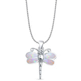 Lab Created Pink Opal Dragonfly Pendant Rope Chain Necklace 925 Sterling Silver
