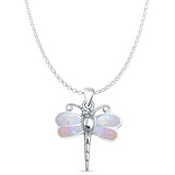 Lab Created Pink Opal Dragonfly Pendant Rolo Chain Necklace 925 Sterling Silver
