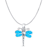 Lab Created Blue Opal Dragonfly Pendant Box Chain Necklace 925 Sterling Silver