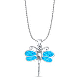 Lab Created Blue Opal Dragonfly Pendant Rope Chain Necklace 925 Sterling Silver