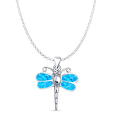 Lab Created Blue Opal Dragonfly Pendant Rolo Chain Necklace 925 Sterling Silver