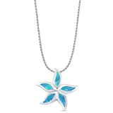 Lab Created Blue Opal Flower Pendant Rope Chain Necklace 925 Sterling Silver