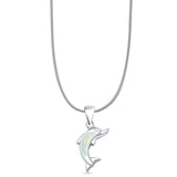 Lab Created White Opal Dolphin Pendant Snake Chain Necklace 925 Sterling Silver