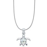 Lab Created White Opal Turtle & Plumeria Pendant Snake Chain Necklace 925 Sterling Silver