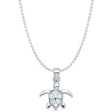Lab Created White Opal Turtle & Plumeria Pendant Bead Chain Necklace 925 Sterling Silver