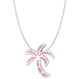 Lab Created Pink Opal Plam Tree Pendant Bead Chain Necklace 925 Sterling Silver