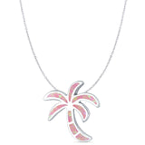Lab Created Pink Opal Plam Tree Pendant Cable Chain Necklace 925 Sterling Silver