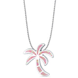 Lab Created Pink Opal Plam Tree Pendant Rope Chain Necklace 925 Sterling Silver
