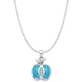 Lab Created Blue Opal & CZ Apple Pendant Bead Chain Necklace 925 Sterling Silver