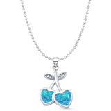 Lab Created Blue Opal & CZ Heart Pendant Bead Chain Necklace 925 Sterling Silver