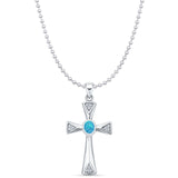 Lab Created Blue Opal & CZ Cross Pendant Bead Chain Necklace 925 Sterling Silver