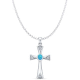 Lab Created Blue Opal & CZ Cross Pendant Rolo Chain Necklace 925 Sterling Silver