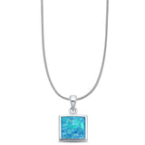 Lab Created Blue Opal Princess Cut Pendant Snake Chain Necklace 925 Sterling Silver