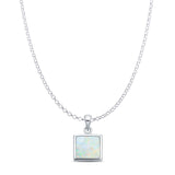 Lab Created White Opal Princess Cut Pendant Rolo Chain Necklace 925 Sterling Silver