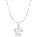 Lab Created White Opal Turtle Pendant Bead Chain Necklace 925 Sterling Silver