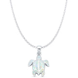 Lab Created White Opal Turtle Pendant Rolo Chain Necklace 925 Sterling Silver