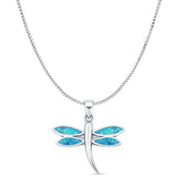 Lab Created Blue Opal Dragonfly Pendant Box Chain Necklace 925 Sterling Silver