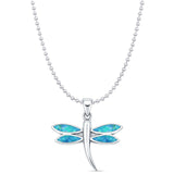 Lab Created Blue Opal Dragonfly Pendant Bead Chain Necklace 925 Sterling Silver