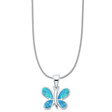 Lab Created Blue Opal Butterfly Pendant Snake Chain Necklace 925 Sterling Silver