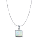 Lab Created White Opal Princess Cut Pendant Bead Chain Necklace 925 Sterling Silver