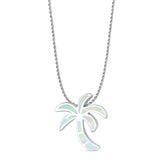Lab Created White Opal Palm Tree Pendant Rope Chain Necklace 925 Sterling Silver