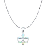 Lab Created White Opal Fleur De Lis Pendant Box Chain Necklace 925 Sterling Silver