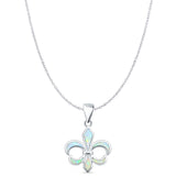 Lab Created White Opal Fleur De Lis Pendant Cable Chain Necklace 925 Sterling Silver
