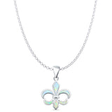 Lab Created White Opal Fleur De Lis Pendant Rolo Chain Necklace 925 Sterling Silver