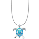 Lab Created Blue Opal Turtle Pendant Snake Chain Necklace 925 Sterling Silver