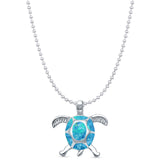 Lab Created Blue Opal Turtle Pendant Bead Chain Necklace 925 Sterling Silver