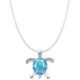 Lab Created Blue Opal Turtle Pendant Rolo Chain Necklace 925 Sterling Silver