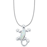 Lab Created White Opal Lizard Pendant Snake Chain Necklace 925 Sterling Silver