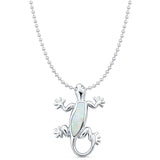 Lab Created White Opal Lizard Pendant Bead Chain Necklace 925 Sterling Silver