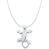 Lab Created White Opal Lizard Pendant Rolo Chain Necklace 925 Sterling Silver