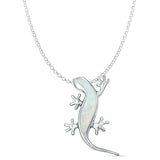 Lab Created White Opal Lizard Pendant Rolo Chain Necklace 925 Sterling Silver