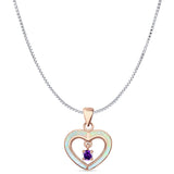 Lab Created White Opal & Amethyst CZ Heart Pendant Box Chain Necklace 925 Sterling Silver