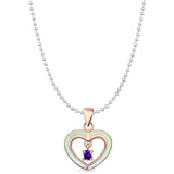 Lab Created White Opal & Amethyst CZ Heart Pendant Bead Chain Necklace 925 Sterling Silver