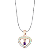 Lab Created White Opal & Amethyst CZ Heart Pendant Rope Chain Necklace 925 Sterling Silver