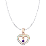 Lab Created White Opal & Amethyst CZ Heart Pendant Rolo Chain Necklace 925 Sterling Silver