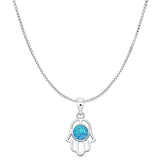 Lab Created Blue Opal Hand Of Hamsa Pendant Box Chain Necklace 925 Sterling Silver