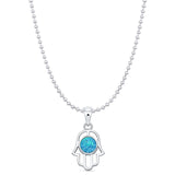 Lab Created Blue Opal Hand Of Hamsa Pendant Bead Chain Necklace 925 Sterling Silver