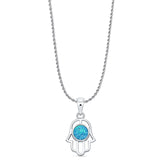 Lab Created Blue Opal Hand Of Hamsa Pendant Rope Chain Necklace 925 Sterling Silver