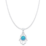 Lab Created Blue Opal Hand Of Hamsa Pendant Rolo Chain Necklace 925 Sterling Silver